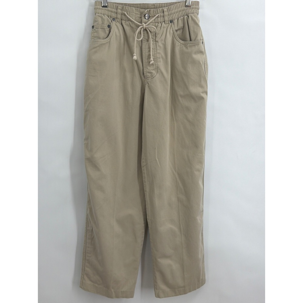 Vintage Liz & Co Khaki Cotton Twill Drawstring Elastic Waist Pants Tan Small
